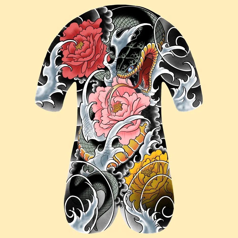 Backpiece-Entwurf mit Schlange und Pfingstrosen